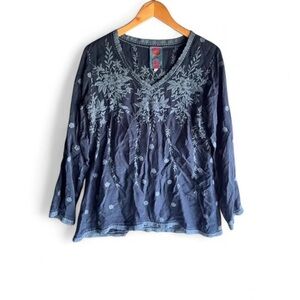 Johnny Was Blue floral embroidered boho blouse with long sleeves